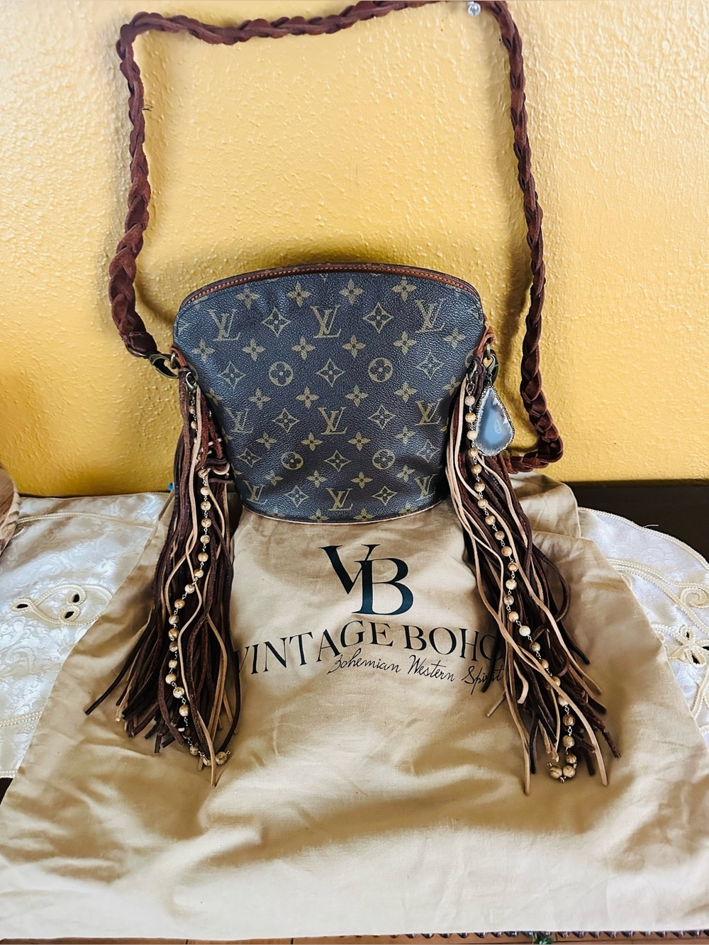 Vintage Boho LV Monogram Crossbody with Brown Fringe and Braided strap